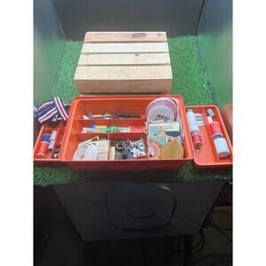 Vintage Plastic Sewing Box w/Assorted Sewing Supplies-Thread, Pins,etc